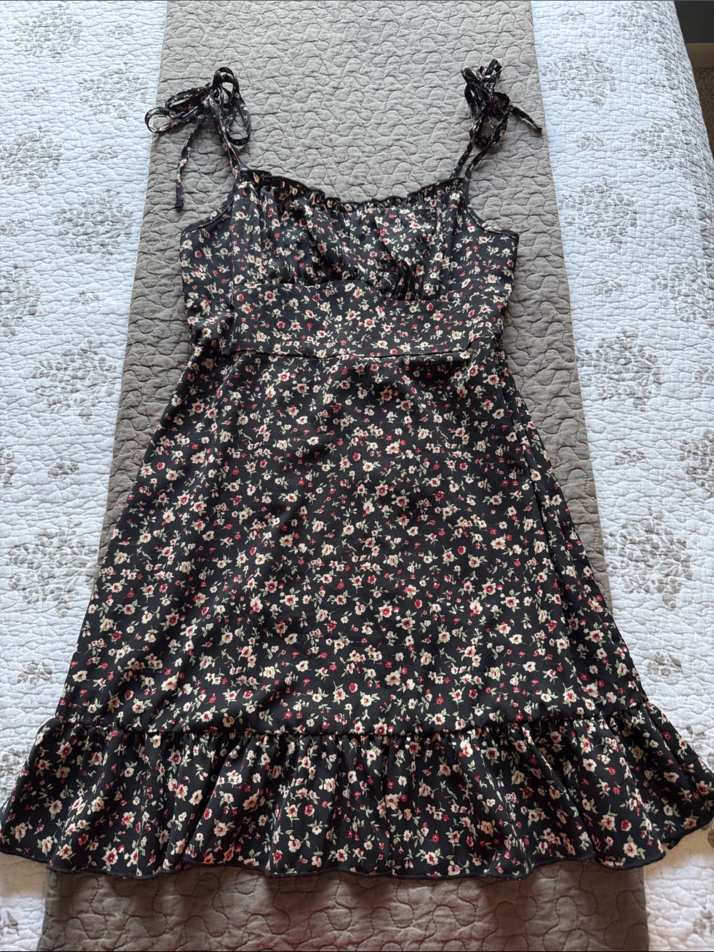 Floral Tie-Strap Black Sundress